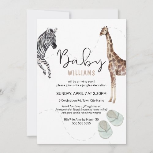 Watercolor Safari Animal Zebra Giraffe Baby Shower Invitation