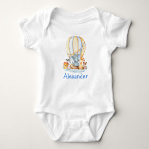 Watercolor Safari Animals Air Balloon Blue Clouds Baby Bodysuit