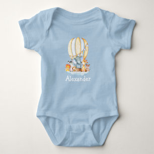Watercolor Safari Animals Air Balloon Clouds Blue Baby Bodysuit
