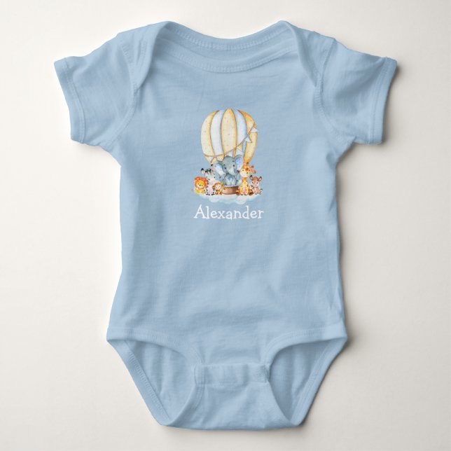 Watercolor Safari Animals Air Balloon Clouds Blue Baby Bodysuit (Front)
