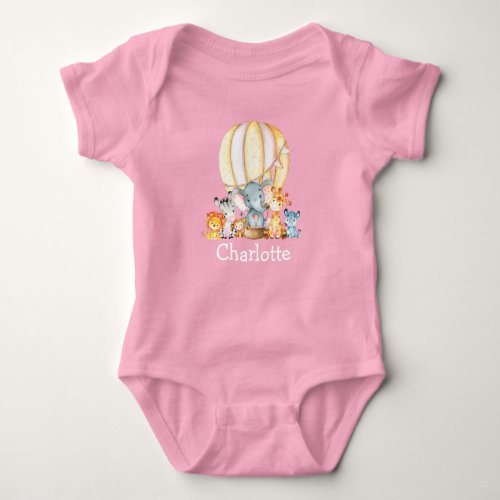 Watercolor Safari Animals Air Balloon Pink Baby Bodysuit