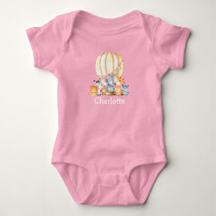 Watercolor Safari Animals Air Balloon Pink Bow Baby Bodysuit