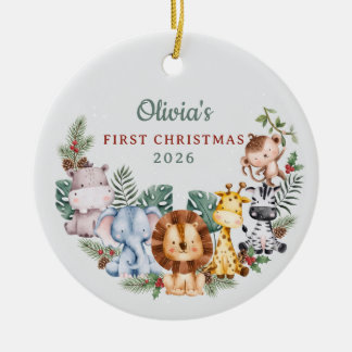 Watercolor Safari Animals Baby 1st Christmas Ceramic Ornament