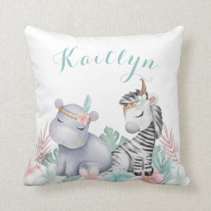 Watercolor Safari Animals Baby Nursery Girl Throw Pillow