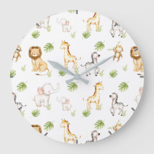 Watercolor Safari Animals Baby Nursery Large Clock