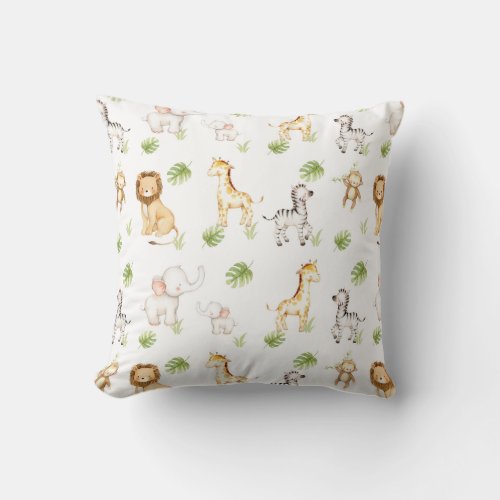 Watercolor Safari Animals Baby Nursery Throw Pillow