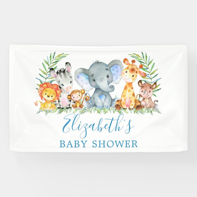 Watercolor Safari Animals Baby Shower Blue Banner (Horizontal)