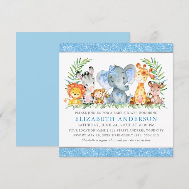 Watercolor Safari Animals Baby Shower Blue Bow Sq Invitation (Front/Back)