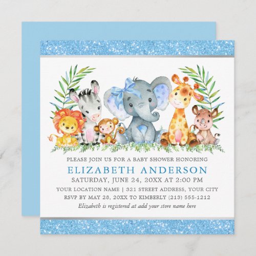 Watercolor Safari Animals Baby Shower Blue Bow Sq Invitation