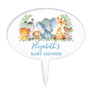 Watercolor Safari Animals Baby Shower Blue  Cake Topper