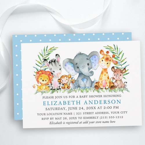 Watercolor Safari Animals Baby Shower Blue Dots Invitation