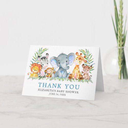 Watercolor Safari Animals Baby Shower Blue Fold Thank You Card