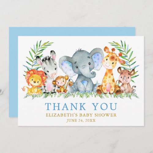 Watercolor Safari Animals Baby Shower Blue Gold Thank You Card