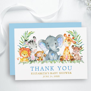 Watercolor Safari Animals Baby Shower Blue Gold Thank You Card