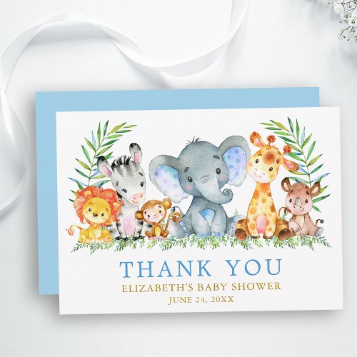 Watercolor Safari Animals Baby Shower Blue Gold Thank You Card