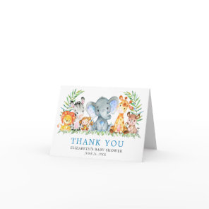 Watercolor Safari Animals Baby Shower Blue Note Thank You Card