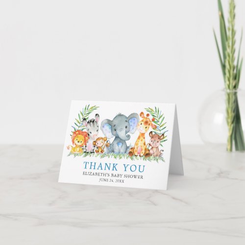 Watercolor Safari Animals Baby Shower Blue Note Thank You Card