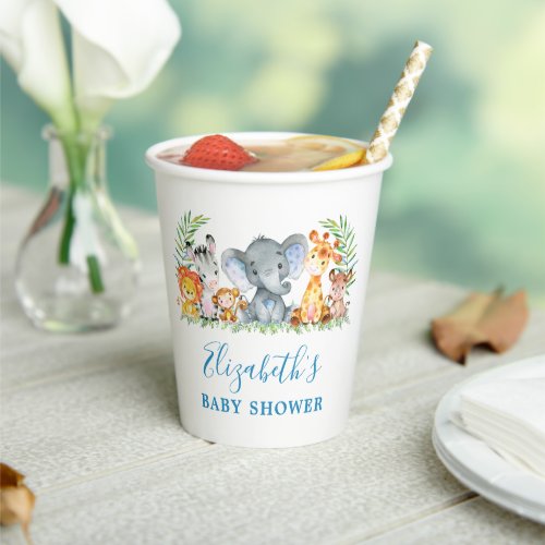 Watercolor Safari Animals Baby Shower Blue Paper Cups