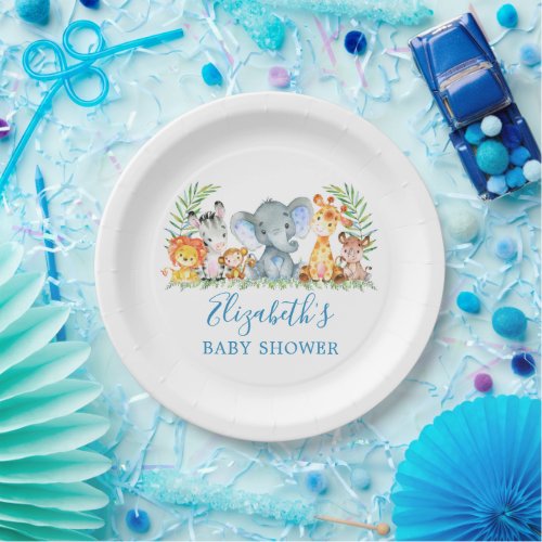 Watercolor Safari Animals Baby Shower Blue  Paper Plates