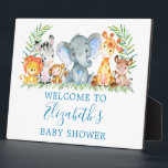 Watercolor Safari Animals Baby Shower Blue  Plaque<br><div class="desc">Watercolor Safari Animals Greenery Baby Shower Welcome Plaque Table Sign. Baby Animals include Elephant,  Monkey,  Giraffe,  Rhino,  Zebra and Lion on fern leaves. Watercolor Botanical Greenery. Blue Text.</div>