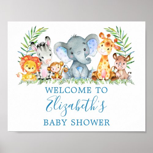 Watercolor Safari Animals Baby Shower Blue  Poster