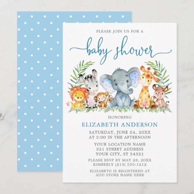Watercolor Safari Animals Baby Shower Blue Script Invitation (Front/Back)