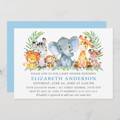 Watercolor Safari Animals Baby Shower Blue Silver Invitation