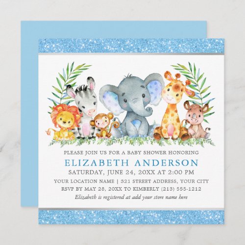 Watercolor Safari Animals Baby Shower Blue Square Invitation