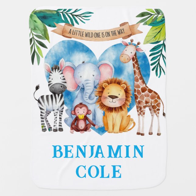 Watercolor Safari Animals Baby Shower Custom Gift Baby Blanket (Front)