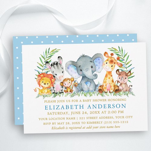 Watercolor Safari Animals Baby Shower Gold Blue Invitation