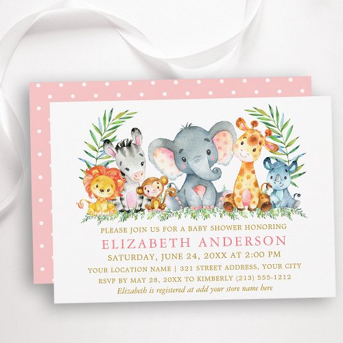 Watercolor Safari Animals Baby Shower Gold Pink Invitation