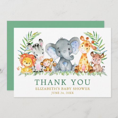 Watercolor Safari Animals Baby Shower Green Gold Thank You Card