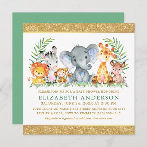 Watercolor Safari Animals Baby Shower Green Square Invitation