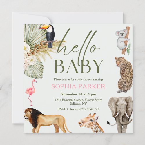 Watercolor Safari Animals Baby Shower Invitation