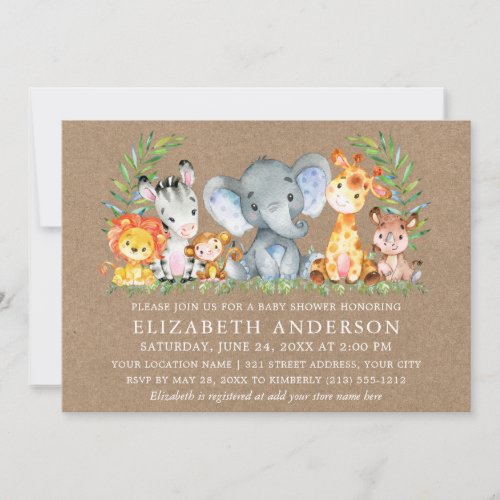 Watercolor Safari Animals Baby Shower Kraft Invitation