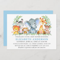 Watercolor Safari Animals Baby Shower Light Blue Invitation