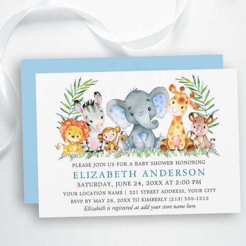 Watercolor Safari Animals Baby Shower Light Blue Invitation