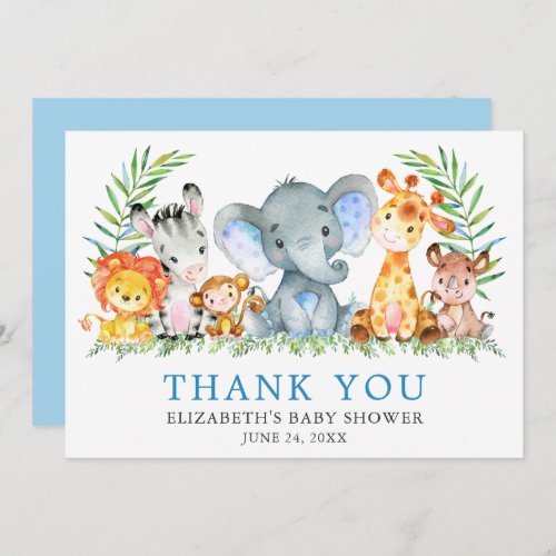 Watercolor Safari Animals Baby Shower Light Blue Thank You Card