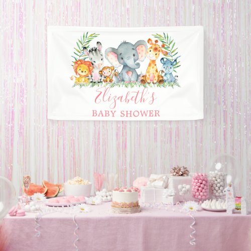 Watercolor Safari Animals Baby Shower Pink Banner