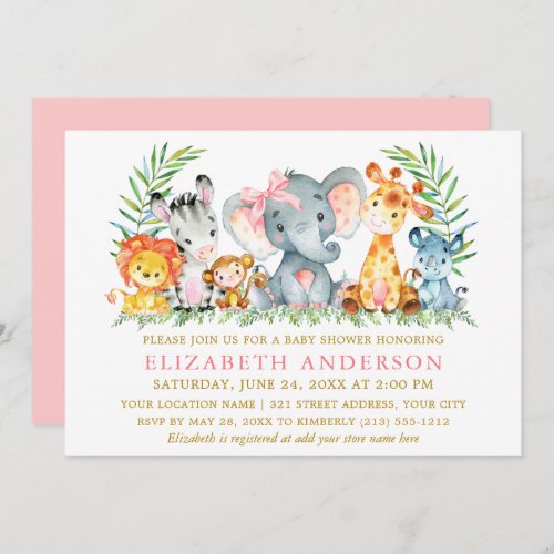 Watercolor Safari Animals Baby Shower Pink Bow Invitation