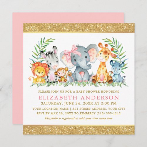 Watercolor Safari Animals Baby Shower Pink Bow Sq Invitation