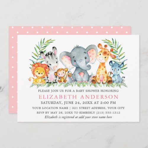 Watercolor Safari Animals Baby Shower Pink Dots Invitation