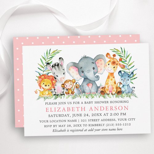 Watercolor Safari Animals Baby Shower Pink Dots Invitation