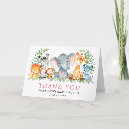 Watercolor Safari Animals Baby Shower Pink Fold Thank You Card