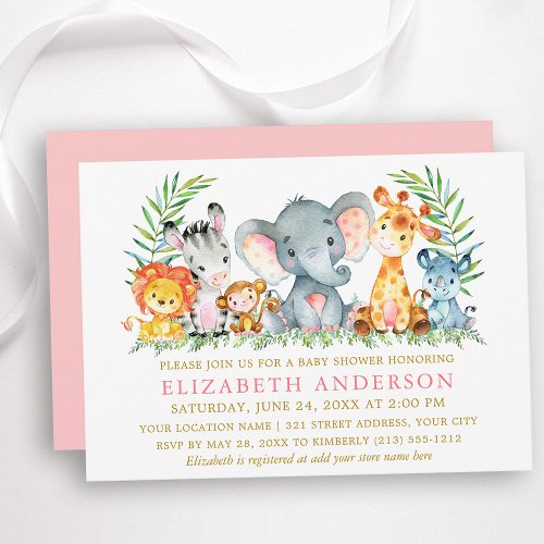 Watercolor Safari Animals Baby Shower Pink Gold Invitation