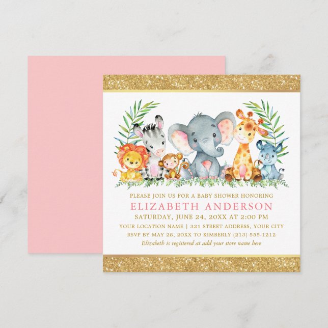 Watercolor Safari Animals Baby Shower Pink Gold Sq Invitation (Front/Back)
