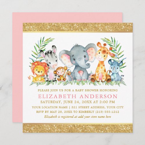 Watercolor Safari Animals Baby Shower Pink Gold Sq Invitation