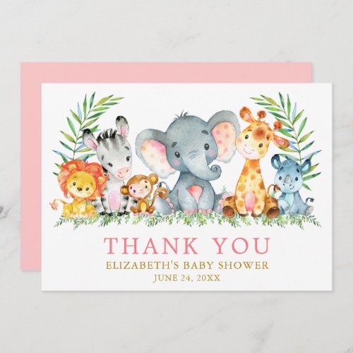 Watercolor Safari Animals Baby Shower Pink Gold Thank You Card