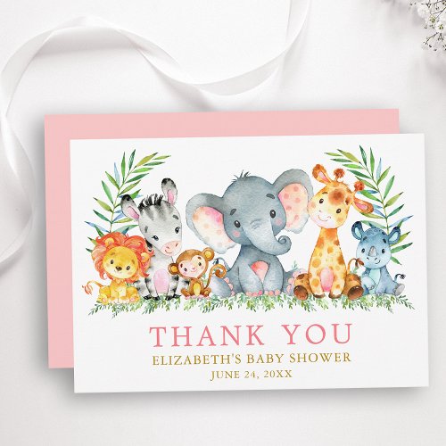 Watercolor Safari Animals Baby Shower Pink Gold Thank You Card