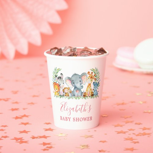 Watercolor Safari Animals Baby Shower Pink Paper Cups